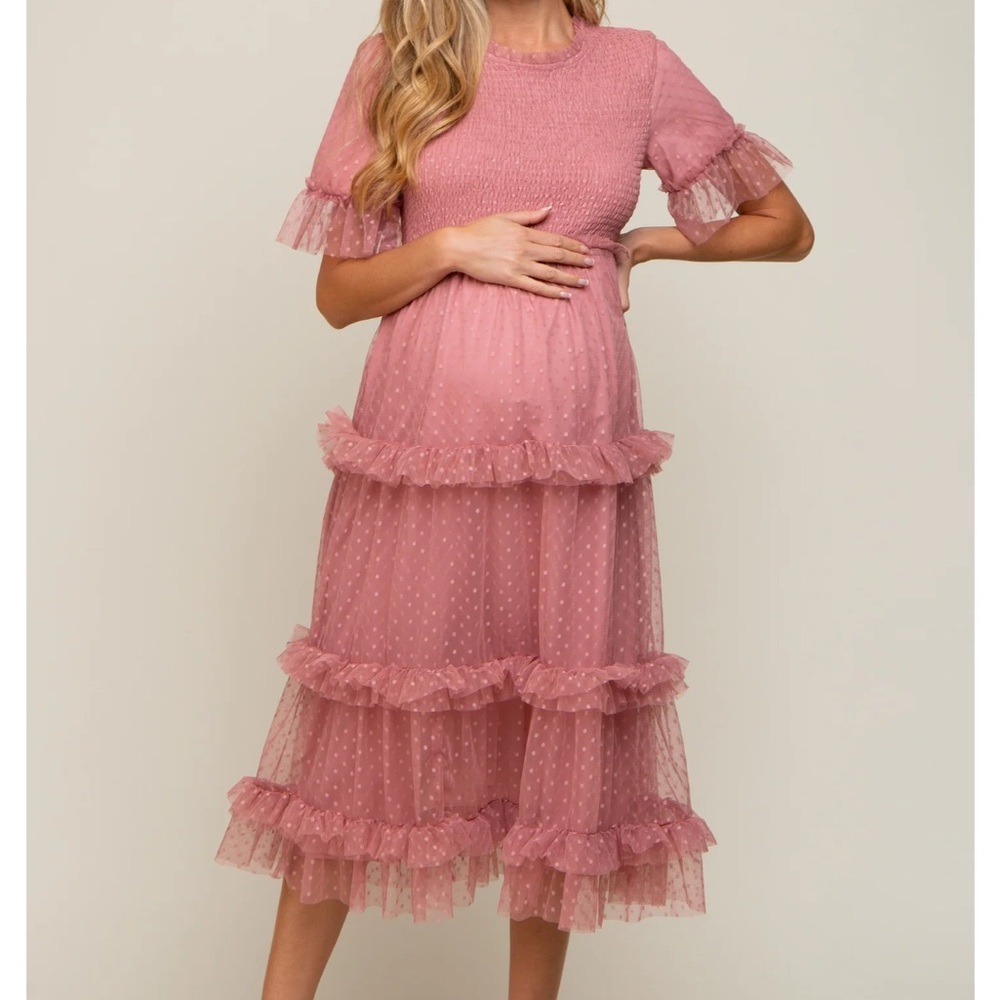 Pink Blush Maternity - Polka Dot Tulle Smocked Maternity Midi Dress